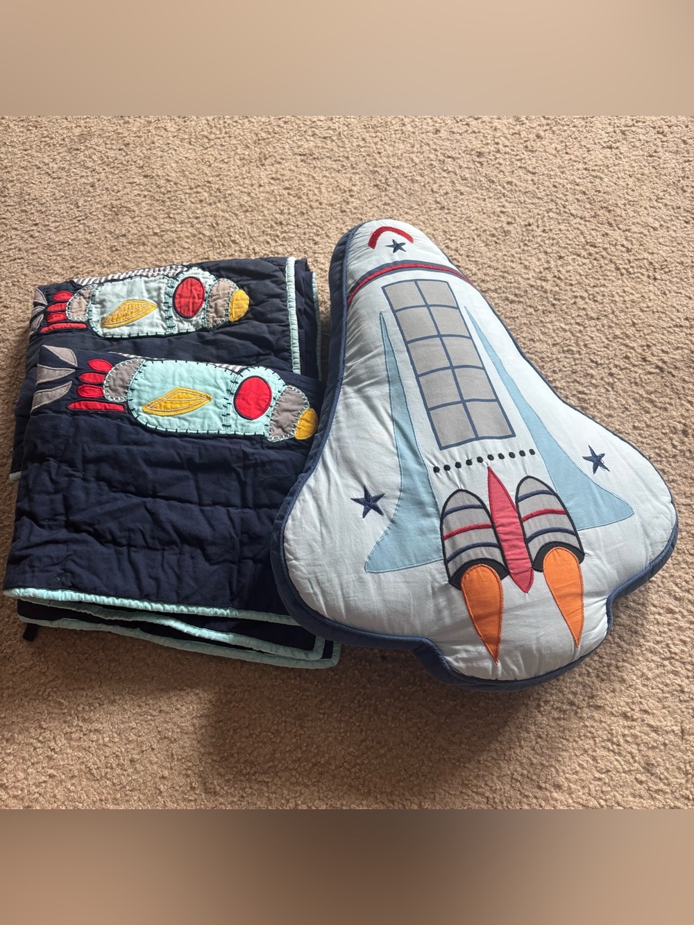 Pottery Barn Kids Outer Space Ship Rocket Shams & Pillow Blue Cotton